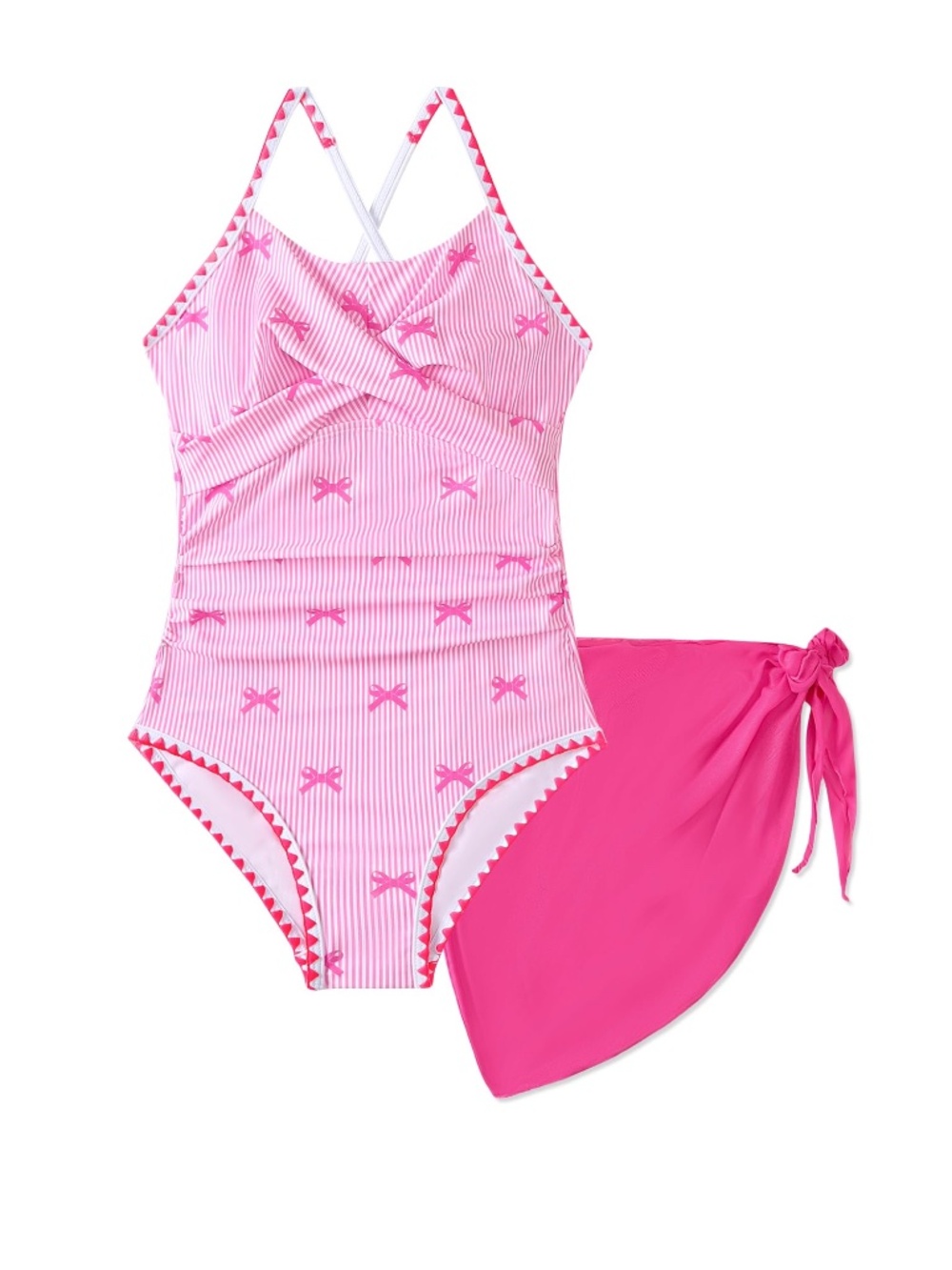 Sewetier Girls' One-Piece Swimsuit - Criss Cross Ruched, Pink, 9-10 Years